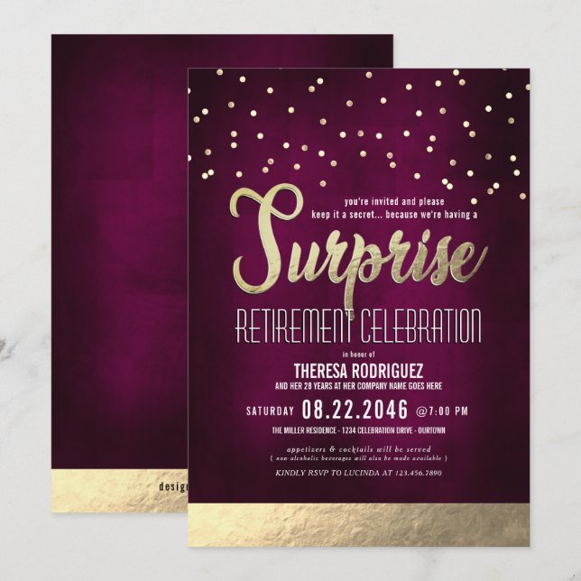 Invitation Parti de la retraite surprise tendance rose/or (Devant / Derrière)