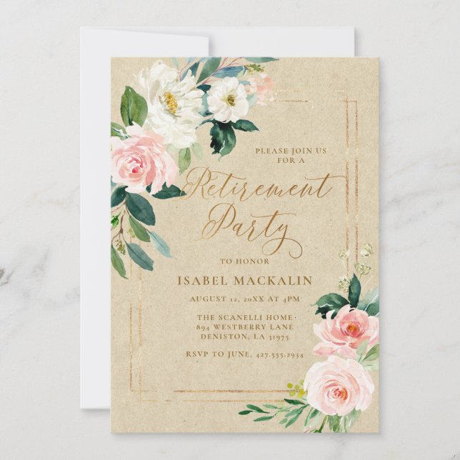Invitation Parti de la retraite : un élégant floral rose Kraf (Devant)