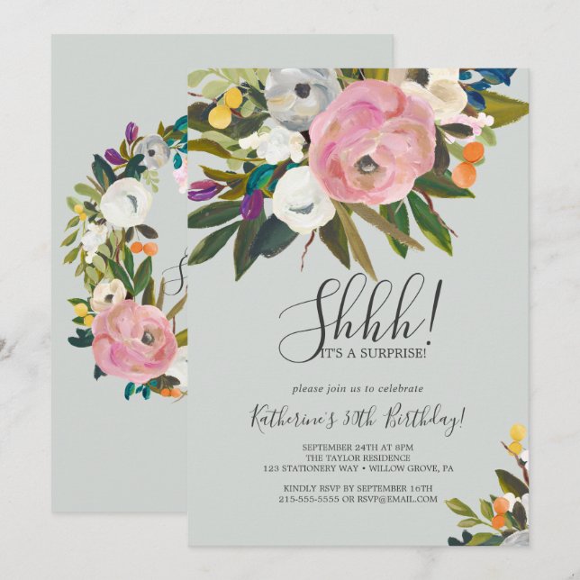 Invitation Parti de la surprise florale peinte (Devant / Derrière)