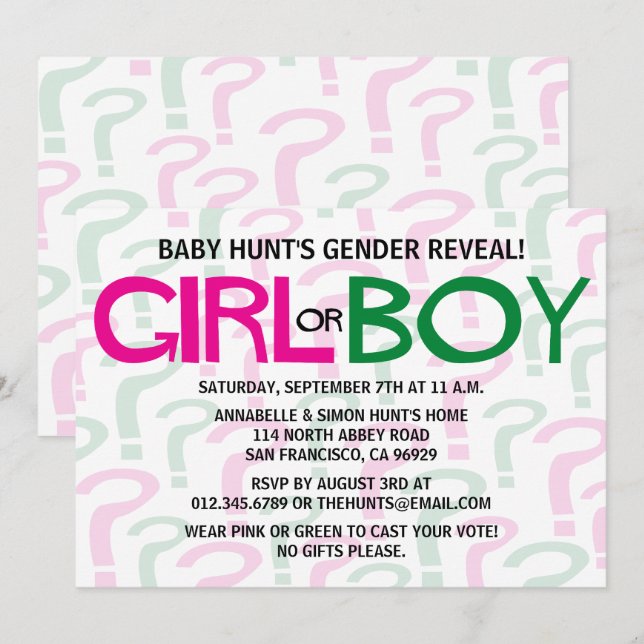 Invitation Parti de l'Baby shower de révélation de genre vert (Devant / Derrière)
