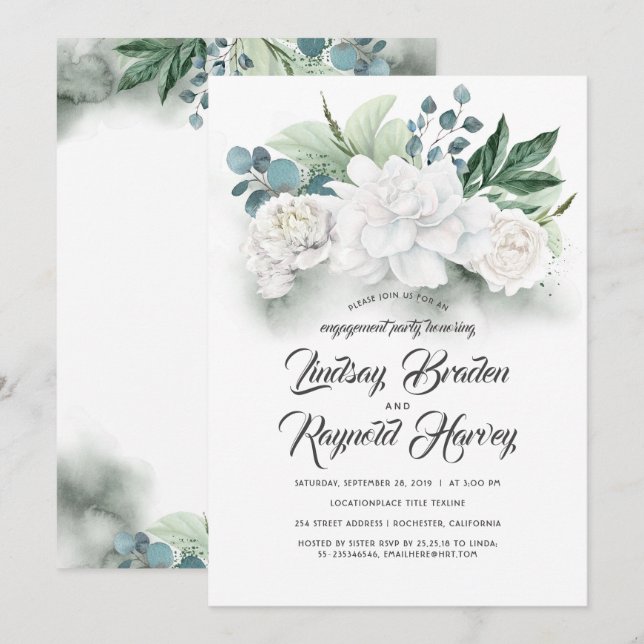 Invitation Parti de l'engagement des fleurs vertes et blanche (Devant / Derrière)