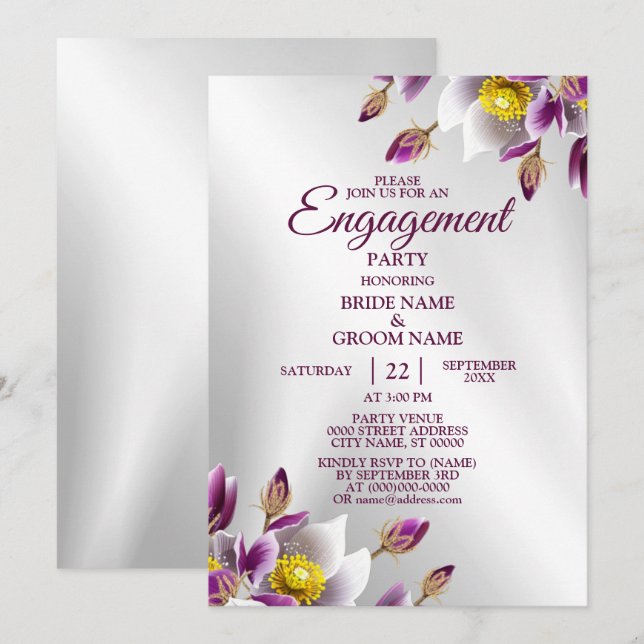 Invitation Parti de l'engagement Floral rose violet argenté é (Devant / Derrière)