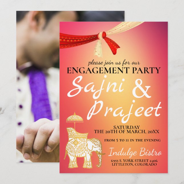 Invitation Parti de l'engagement indien Elephant and Scarf (Devant / Derrière)