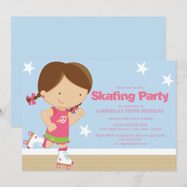 Invitation Parti de patinage| Brunette (Devant / Derrière)