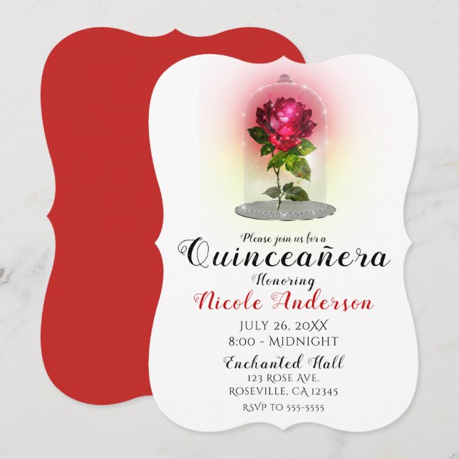 Invitation Parti de Quinceañera entaché de rose rouge (Devant / Derrière)
