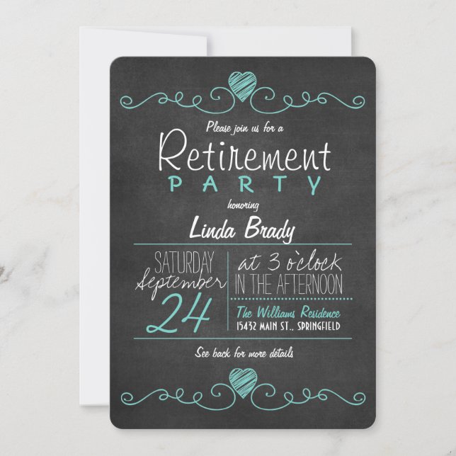 Invitation Parti de retraite à tableau noir et blanc Turquois (Devant)