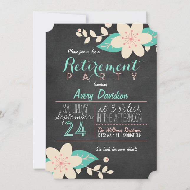 Invitation Parti de retraite à tableau noir rose turquoise (Devant)