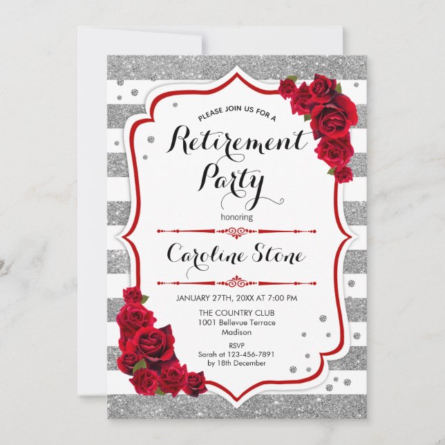 Invitation Parti de retraite - Argent White Stripes Rose (Devant)