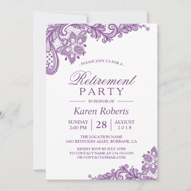 Invitation Parti de retraite de dentelle violette de lavande  (Devant)