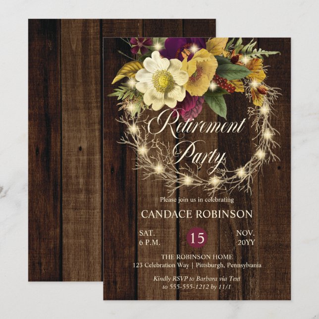 Invitation Parti de retraite de la couronne de bois rustique (Devant / Derrière)