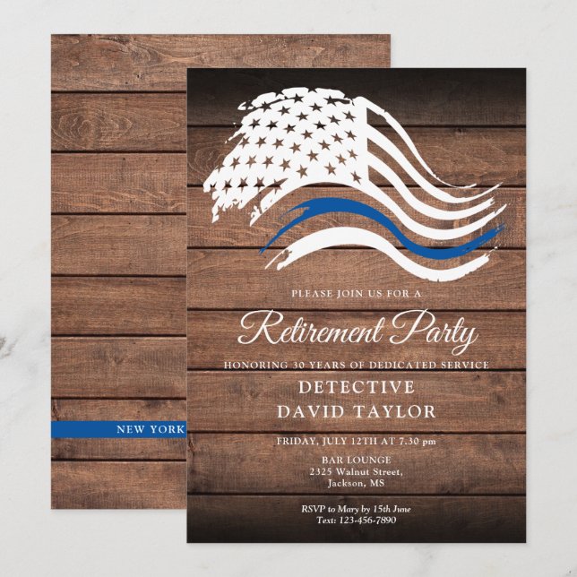Invitation Parti de retraite de la police mince ligne bleue r (Devant / Derrière)