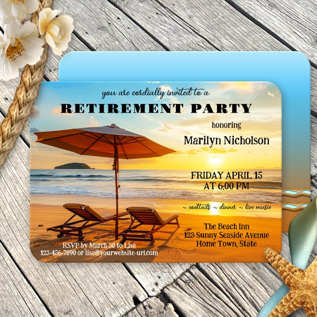 Invitation Parti de retraite de Sunny Beach (A relaxing retirement party invitation featuring lounge chairs on the beach at sunset)