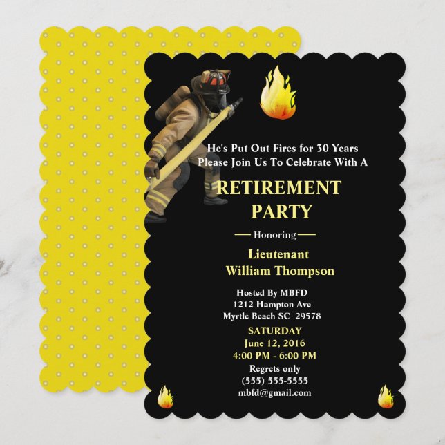 Invitation Parti de retraite des pompiers noirs et jaunes (Devant / Derrière)
