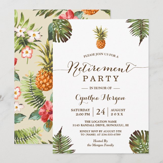 Invitation Parti de retraite d'été de l'ananas Feuille tropic (Devant / Derrière)