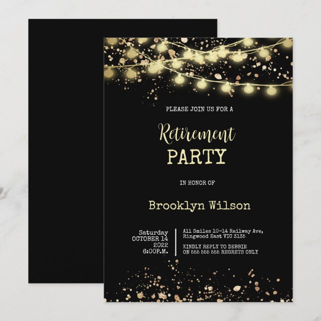 Invitation Parti de retraite élégant Noir et Or (Devant / Derrière)