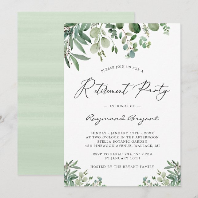 Invitation Parti de retraite Feuille de l'Eucalyptus à feuill (Devant / Derrière)