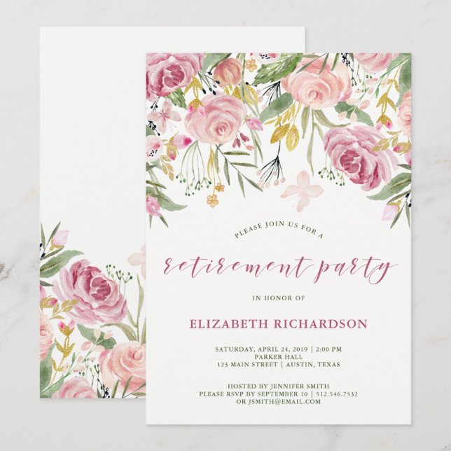 Invitation Parti de retraite florale d'aquarelle rose et or (Devant / Derrière)