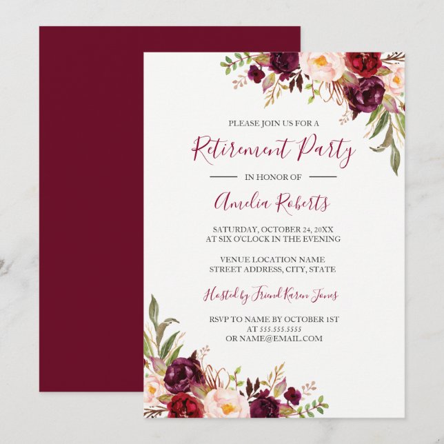 Invitation Parti de retraite florale de Bourgogne rouge (Devant / Derrière)