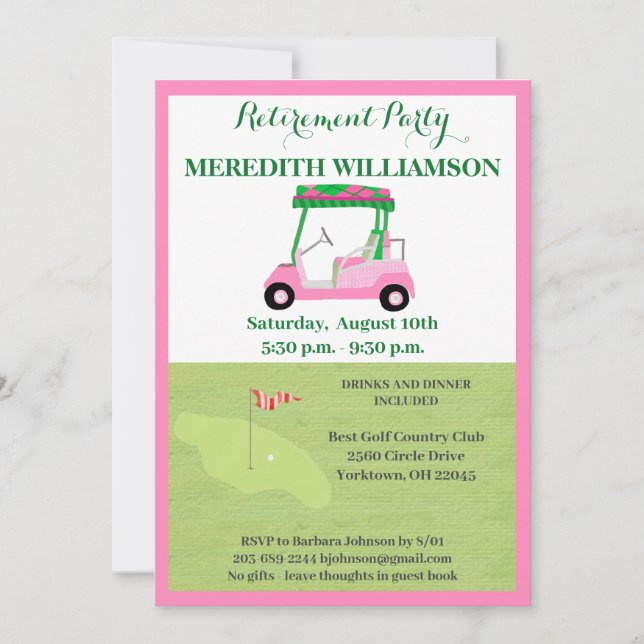 Invitation Parti de retraite Fun Pink Green Golf Party (Devant)