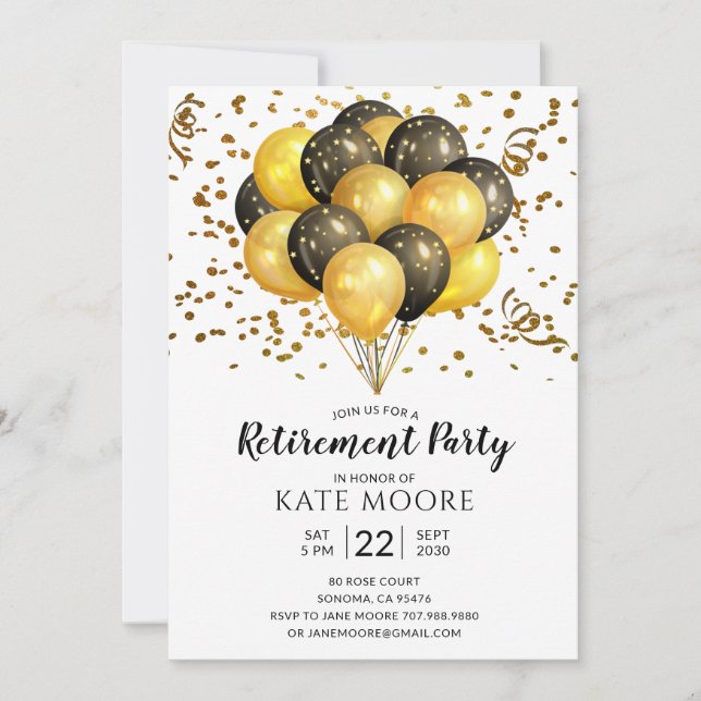 Invitation Parti de retraite moderne or noir Ballons Announ (Devant)