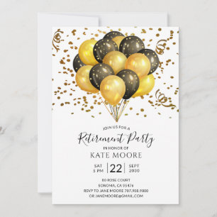 Invitation Parti de retraite moderne or noir Ballons Announ