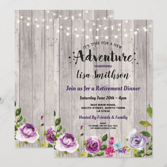 Invitation Parti de retraite pourpre en bois d'aventure (Devant / Derrière)