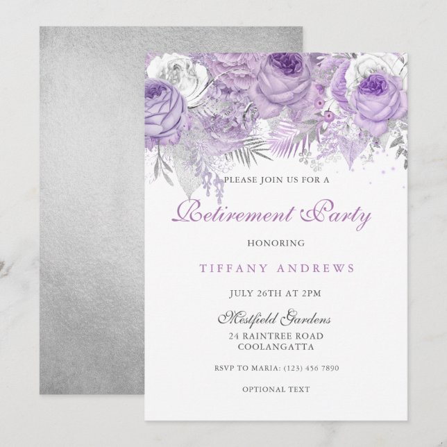 Invitation Parti de retraite Silver Wonderland Rose violet (Devant / Derrière)