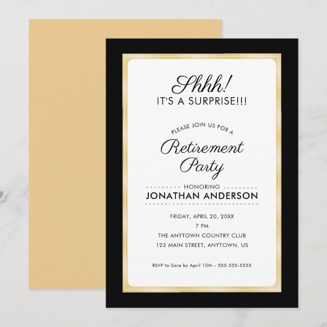 Invitation Parti de retraite surprise | Noir et or (Devant / Derrière)