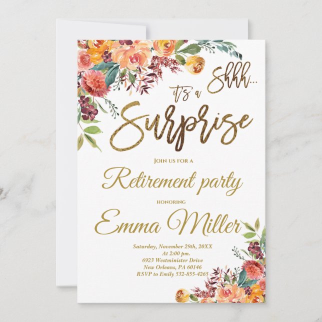 Invitation Parti de retraite surprise, retrait MINT Floral (Devant)