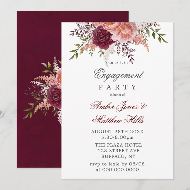 Invitation Parti d'engagement des pivoines rousses et bordeau (Devant / Derrière)