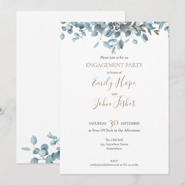 Invitation Parti d'engagement Eucalyptus à l'aquarelle bleue (Devant / Derrière)