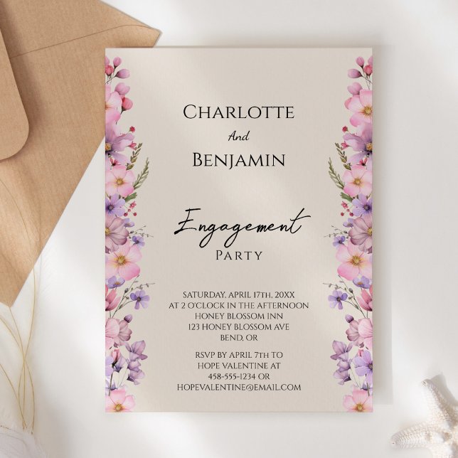 Invitation Parti d'engagement Fleur sauvage moderne Beige (Créateur téléchargé)