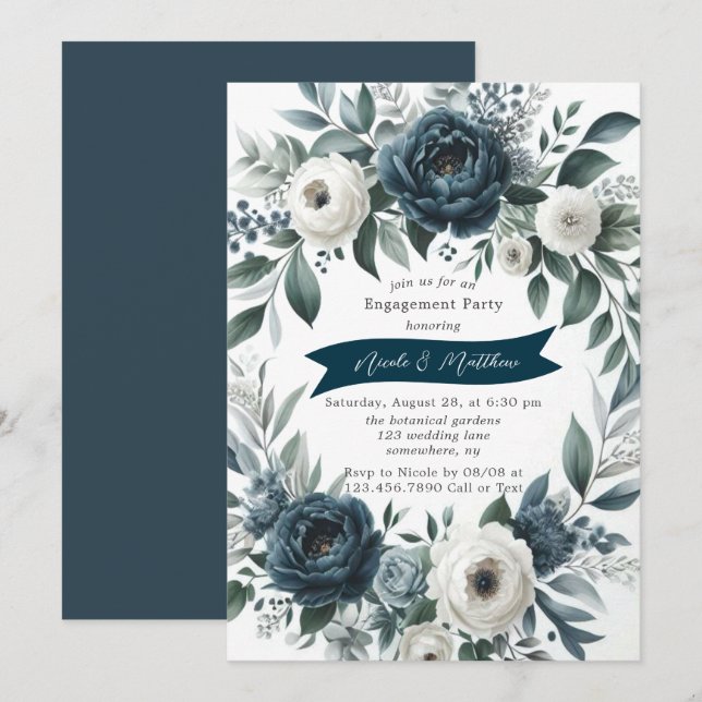 Invitation Parti d'engagement floral bleu et argent de la Mar (Devant / Derrière)