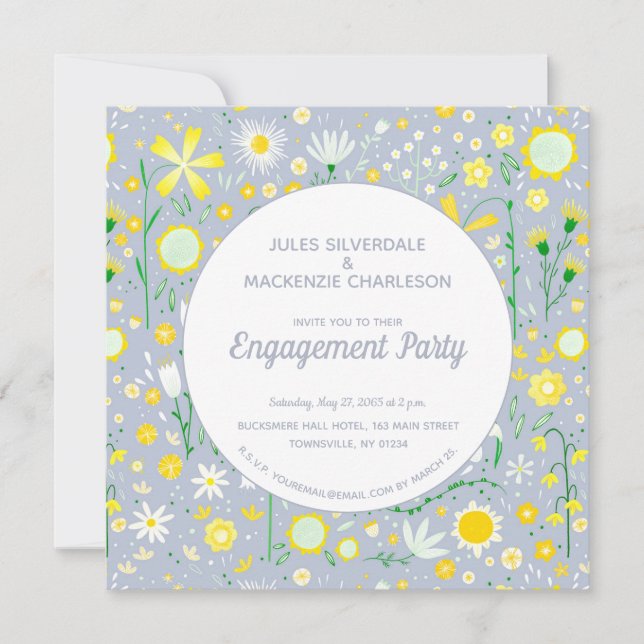 Invitation Parti d'engagement Floral bleu moderne (Devant)