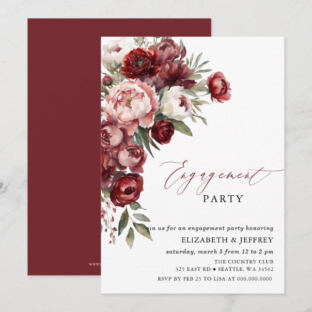 Invitation Parti d'engagement floral de Burgundy moderne (Devant / Derrière)