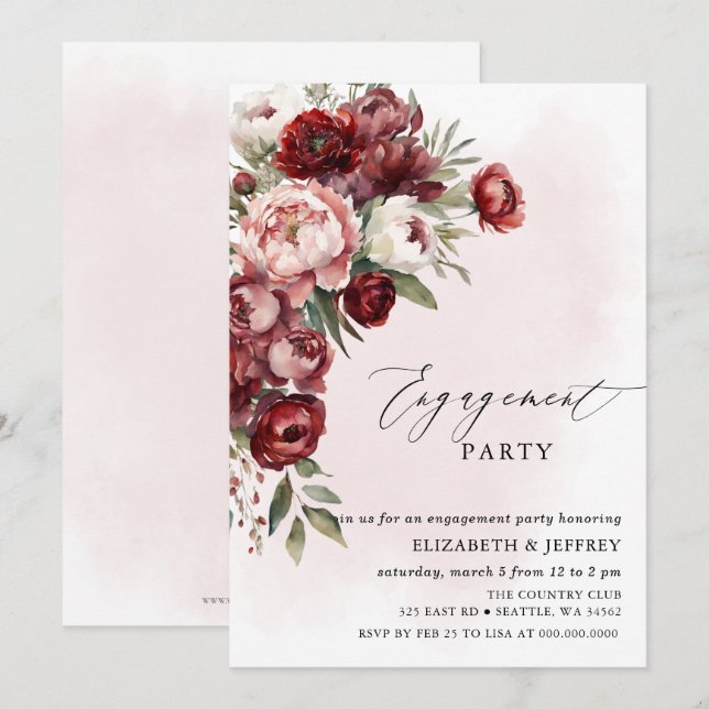 Invitation Parti d'engagement floral de Burgundy moderne (Devant / Derrière)