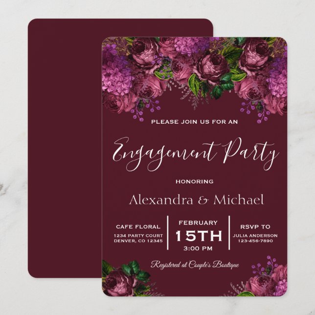 Invitation Parti d'engagement Floral Marsala Bourgogne (Devant / Derrière)