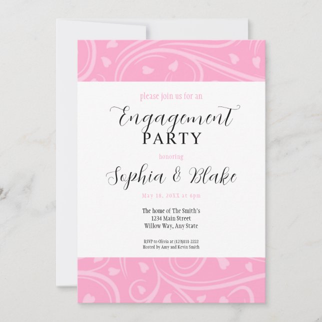Invitation Parti d'engagement floral rose et blanc moderne (Devant)