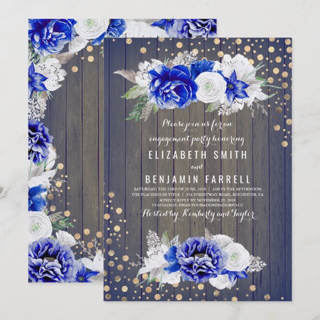 Invitation Parti d'engagement floral rustique de la Marine (Devant / Derrière)