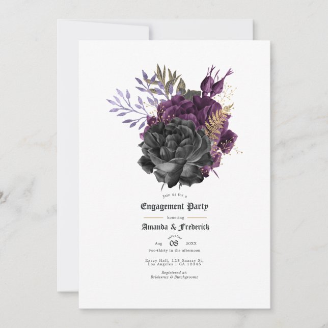 Invitation Parti d'engagement gothique violet noir et or (Devant)