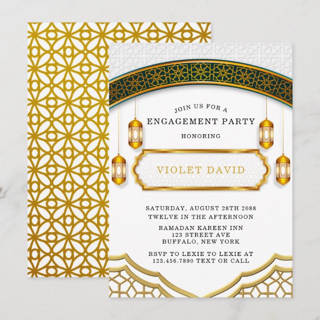 Invitation Parti d'engagement islamique moderne blanc et or (Devant / Derrière)