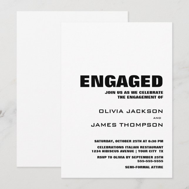 Invitation Parti d'engagement minimaliste moderne (Devant / Derrière)