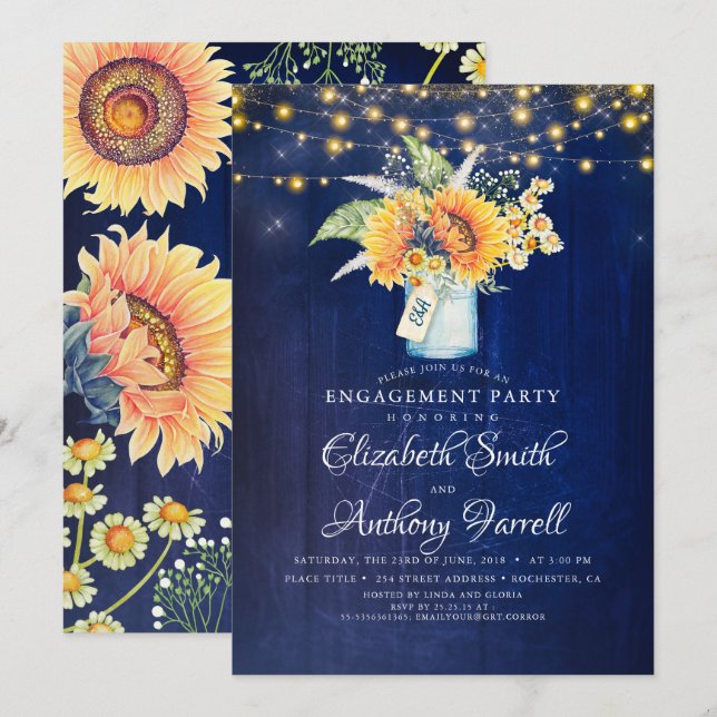 Invitation Parti d'engagement rustique de la Marine Blue and  (Devant / Derrière)
