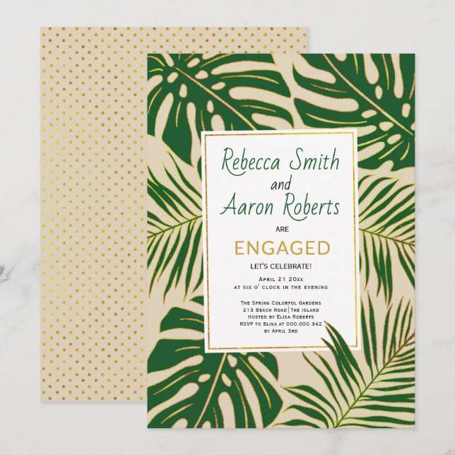 Invitation Parti d'engagement vert tropical feuille beige (Devant / Derrière)