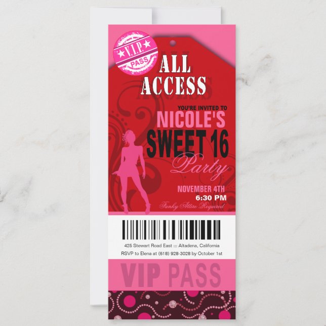 Invitation Parti des billets VIP Sweet 16 rose et rouge (Devant)