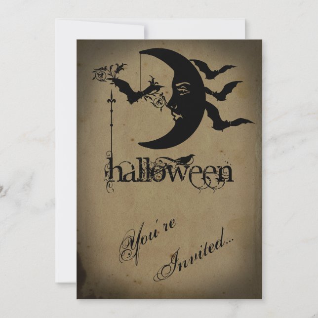 Invitation Parti d'Halloween de la lune et des chauves-souris (Devant)