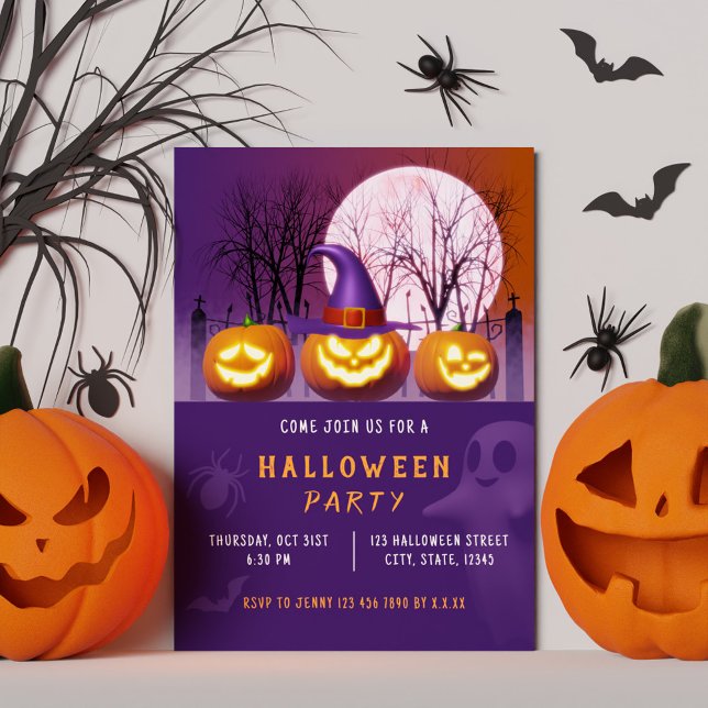 Invitation Parti d'Halloween éffrayant Citrouille orange et v (Spooky Pumpkins Orange and Purple Halloween Party Invitation)