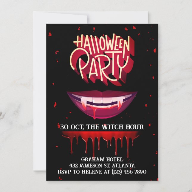 Invitation Parti d'Halloween noir Vampire sanglant adulte (Devant)