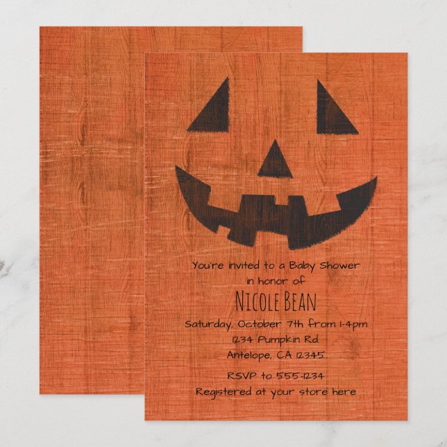 Invitation Parti d'Halloween rustique Citrouille en bois oran (Devant / Derrière)