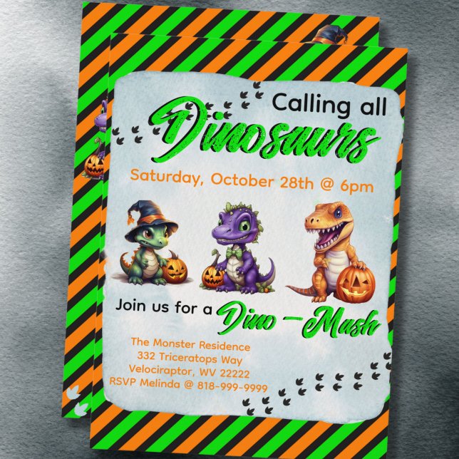Invitation Parti Dino-Mash d'Halloween (Green & Orange Diagonal Stripe Dinosaur Halloween Dino-Mash Party Invitation)